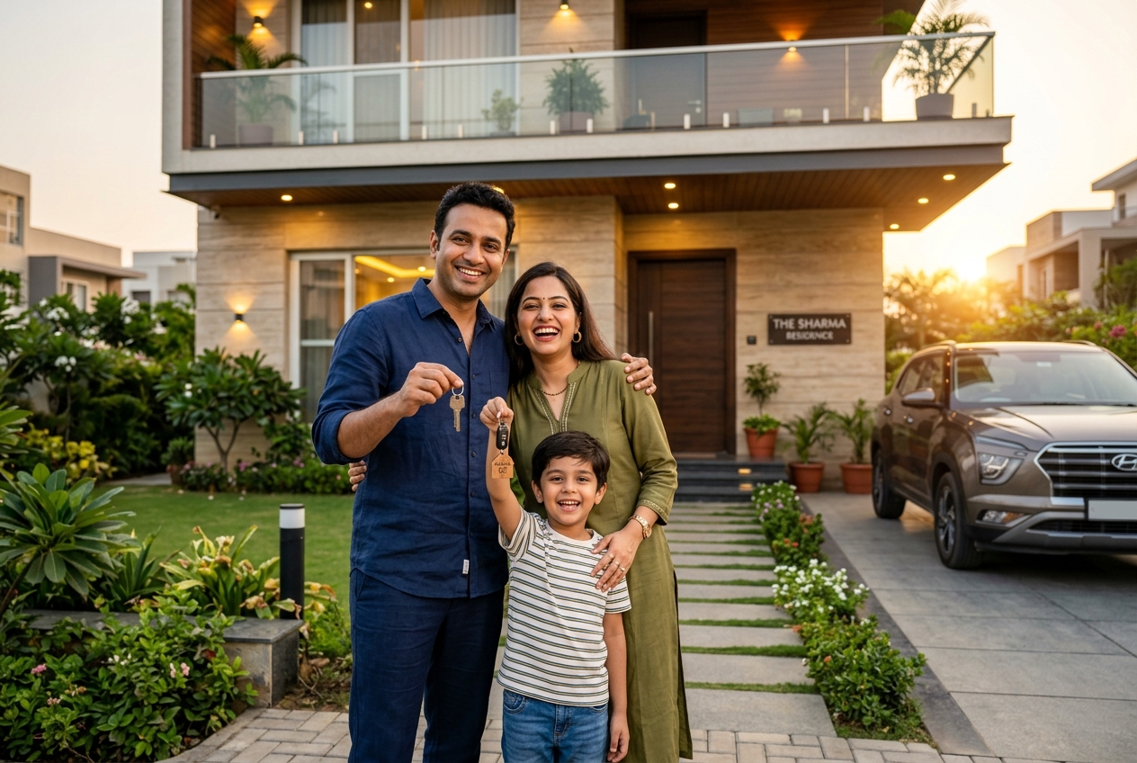 Indian family standing in front of their new home, holding keys, representing loan assistance solutions